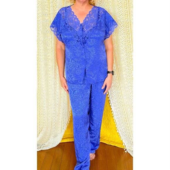 Vintage 90s Val Mode Blue Violet Lace Brocade Pajama Set Size Large - Picture 1 of 15
